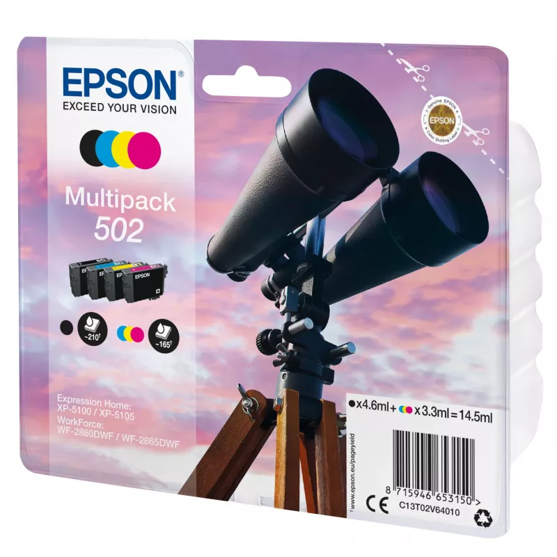 Epson Multipack 4-colours 502 Ink, Standard Yield, Black, Cyan, Magenta, Yellow, 4.6 ml, 3.3 ml, 1 pc(s), 210 pages