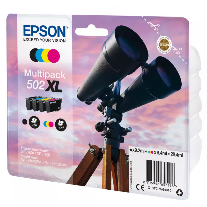 Epson Multipack 4-colours 502XL Ink, High (XL) Yield, Black, Cyan, Magenta, Yellow, Pigment-based ink, Dye-based ink, 9.2 ml, 6.4 ml