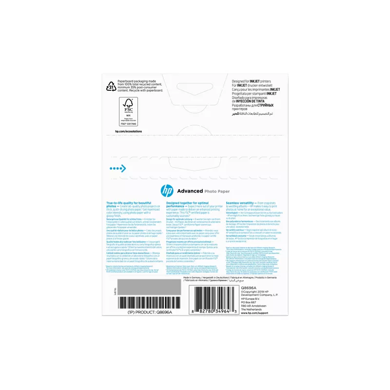 HP Advanced Photo Paper, Glossy, 250 g/m2, 13 x 18 cm (127 x 178 mm), 25 sheets