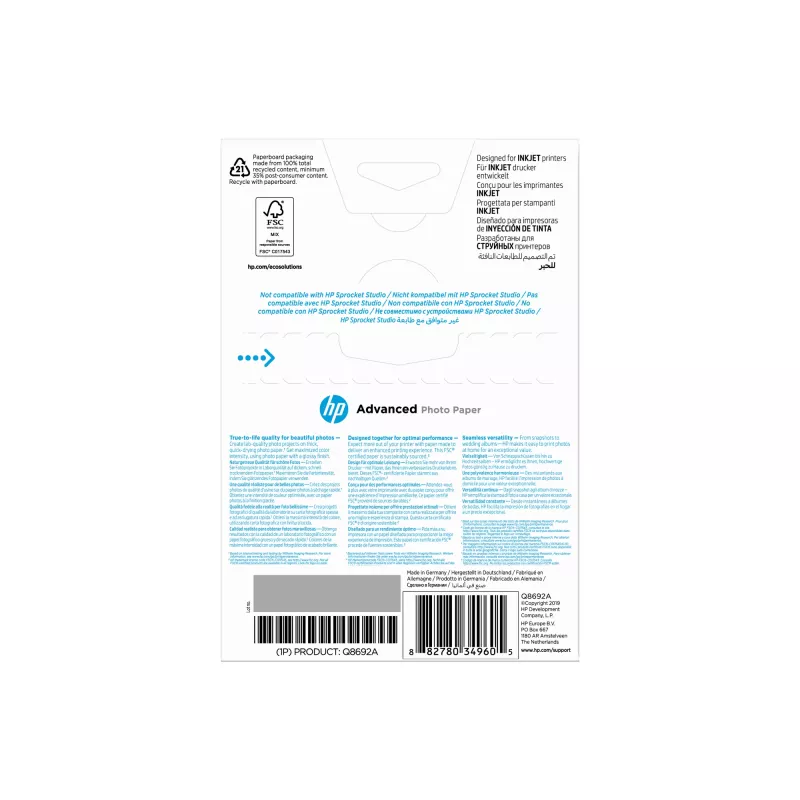 HP Advanced Photo Paper Glossy 250 g/m2 10 x 15 cm (101 x 152 mm) 100 sheets