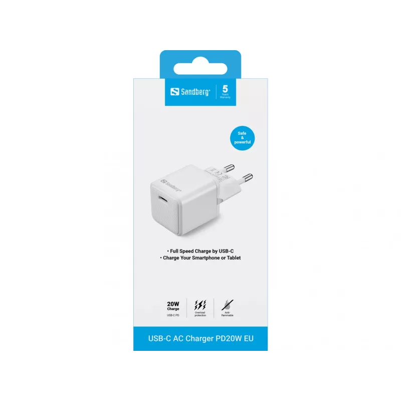 Sandberg USB-C AC Charger PD20W EU, Indoor, AC, 5 V, 3 A, White