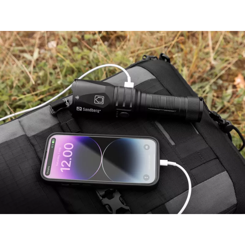 Sandberg Survivor Torch Powerbank 5000, Hand flashlight, Black, Aluminium, IPX4, -30 - 40 °C, FCC, RoHS, UKCA, CE