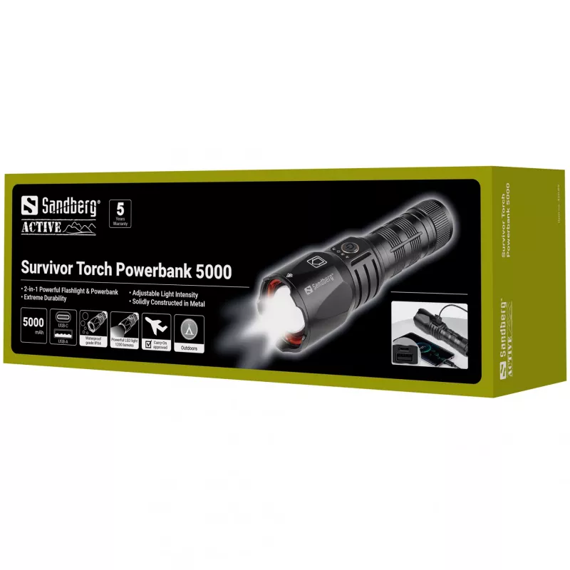 Sandberg Survivor Torch Powerbank 5000, Hand flashlight, Black, Aluminium, IPX4, -30 - 40 °C, FCC, RoHS, UKCA, CE