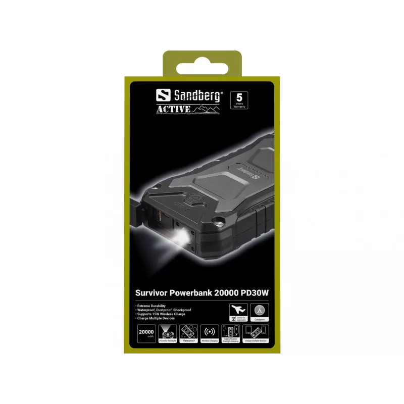 Sandberg Survivor Powerbank 20000 PD30W, 20000 mAh, Wireless charging, Black