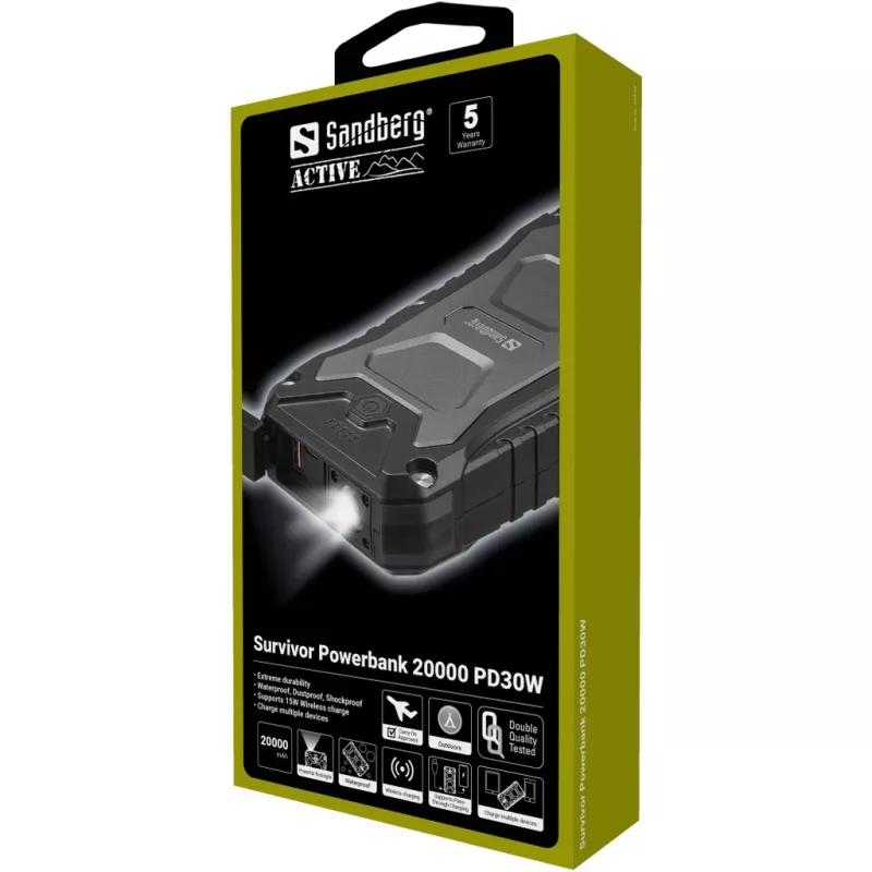Sandberg Survivor Powerbank 20000 PD30W, 20000 mAh, Wireless charging, Black