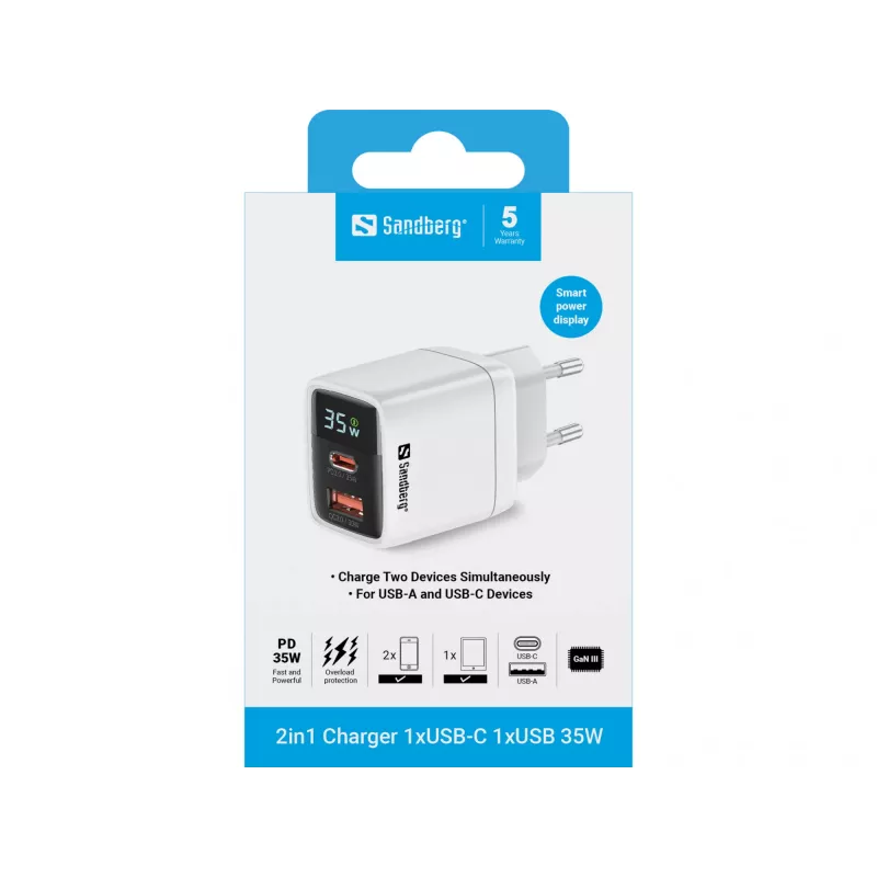 Charger Sandberg 2in1 1xUSB-C 1xUSB 35W Indoor AC Universal