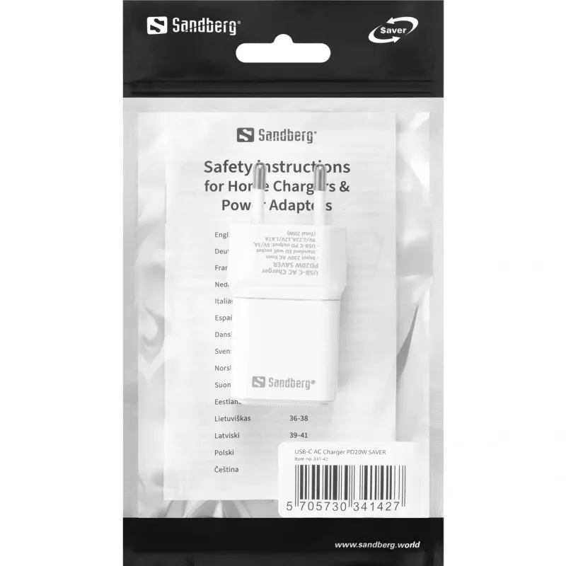 Sandberg USB-C AC Charger PD20W SAVER, Indoor, AC, 12 V, 3 A, White
