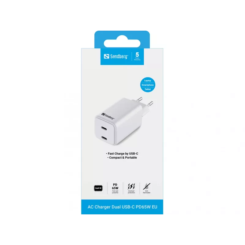 Sandberg AC Charger Dual USB-C PD65W EU, Indoor, AC, 20 V, 3.25 A, White