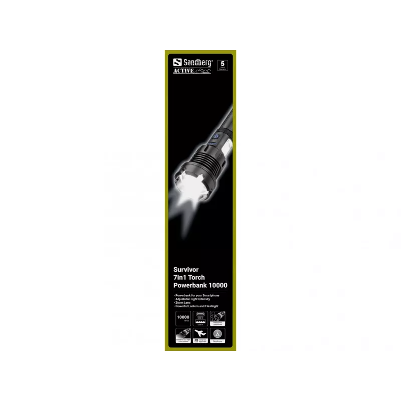 Sandberg Survivor 7in1 Torch Powerbank 10000, Hand flashlight, Black, Aluminium, LED, 2 lamp(s), 500 lm