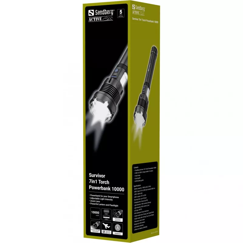 Sandberg Survivor 7in1 Torch Powerbank 10000, Hand flashlight, Black, Aluminium, LED, 2 lamp(s), 500 lm