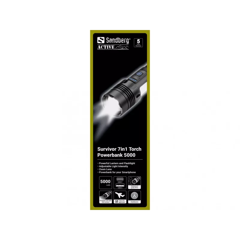 Sandberg Survivor 7in1 Torch Powerbank 5000, Hand flashlight, Black, Aluminium, LED, 2 lamp(s), 200 lm