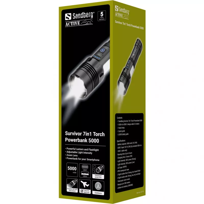 Sandberg Survivor 7in1 Torch Powerbank 5000, Hand flashlight, Black, Aluminium, LED, 2 lamp(s), 200 lm