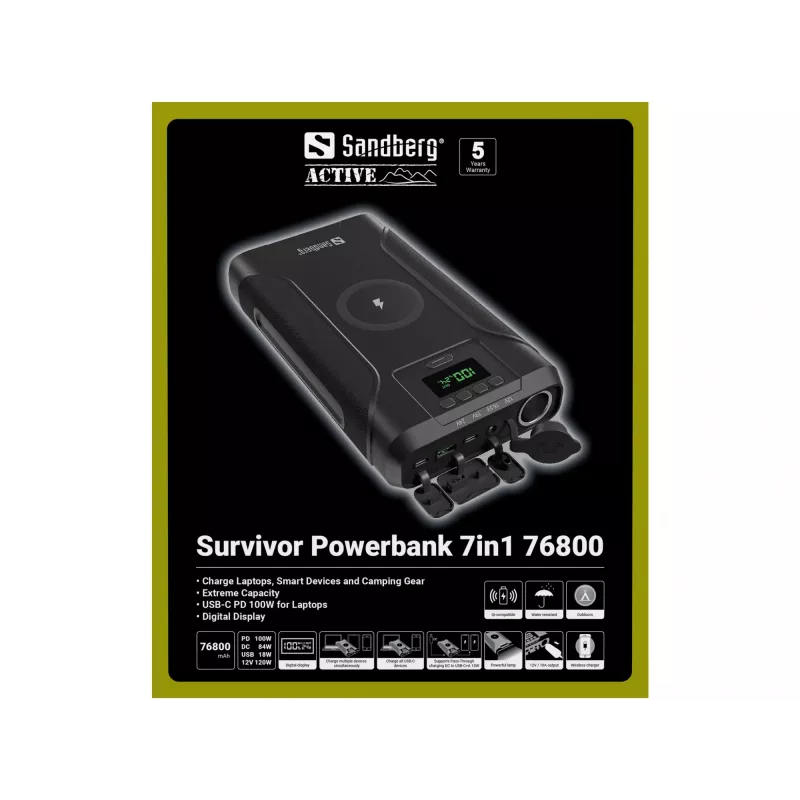 Sandberg Survivor Powerbank 7in1 76800, 76800 mAh, Lithium-Ion (Li-Ion), Wireless charging, 3.6 V, Black