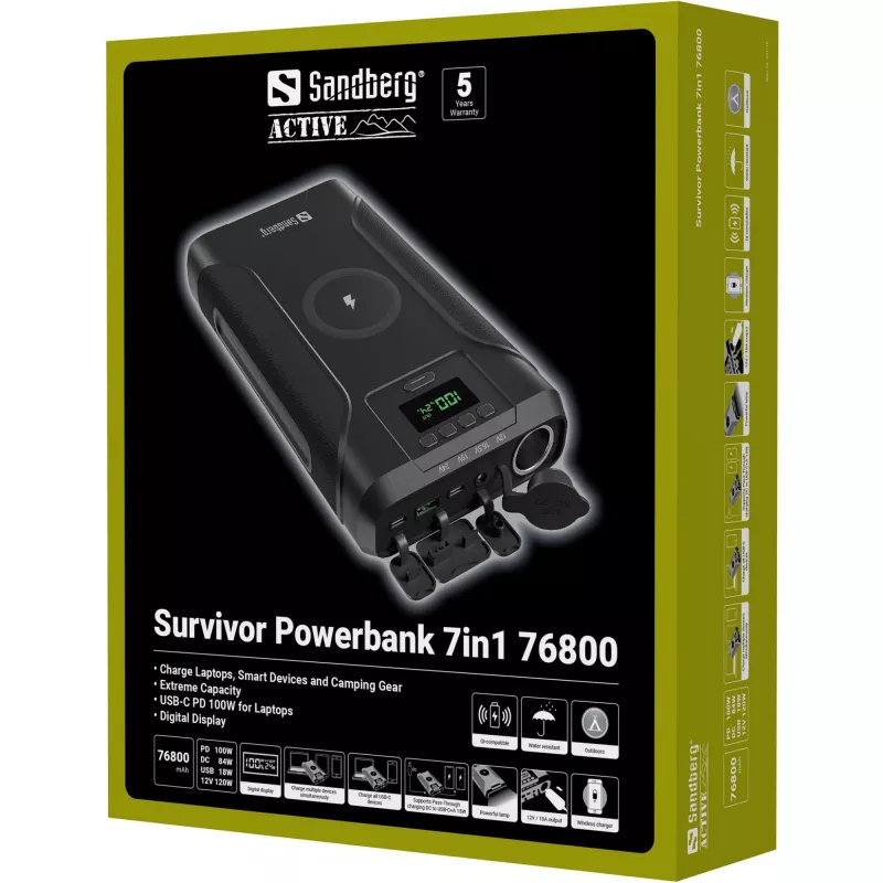 Sandberg Survivor Powerbank 7in1 76800, 76800 mAh, Lithium-Ion (Li-Ion), Wireless charging, 3.6 V, Black