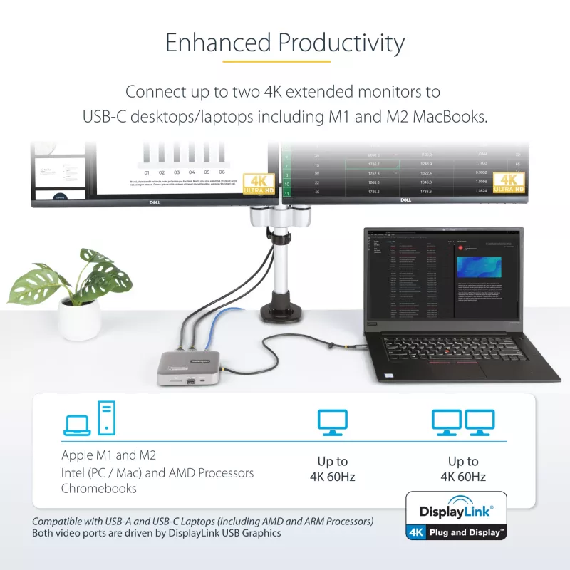 StarTech.com USB C Docking Station, Dual 4K 60Hz HDMI compatible with Macbook Pro (M1/M2/M3/M4) and Windows, USB-A/USB-C 10Gbps Hub, 100W Power Delivery, GbE, SD, 22in/56cm Cable
