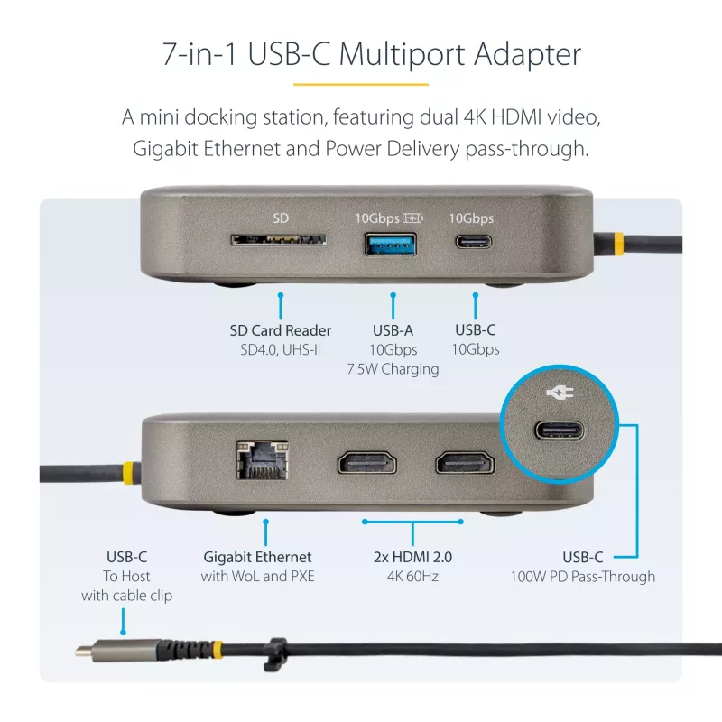 StarTech.com USB C Docking Station, Dual 4K 60Hz HDMI compatible with Macbook Pro (M1/M2/M3/M4) and Windows, USB-A/USB-C 10Gbps Hub, 100W Power Delivery, GbE, SD, 22in/56cm Cable