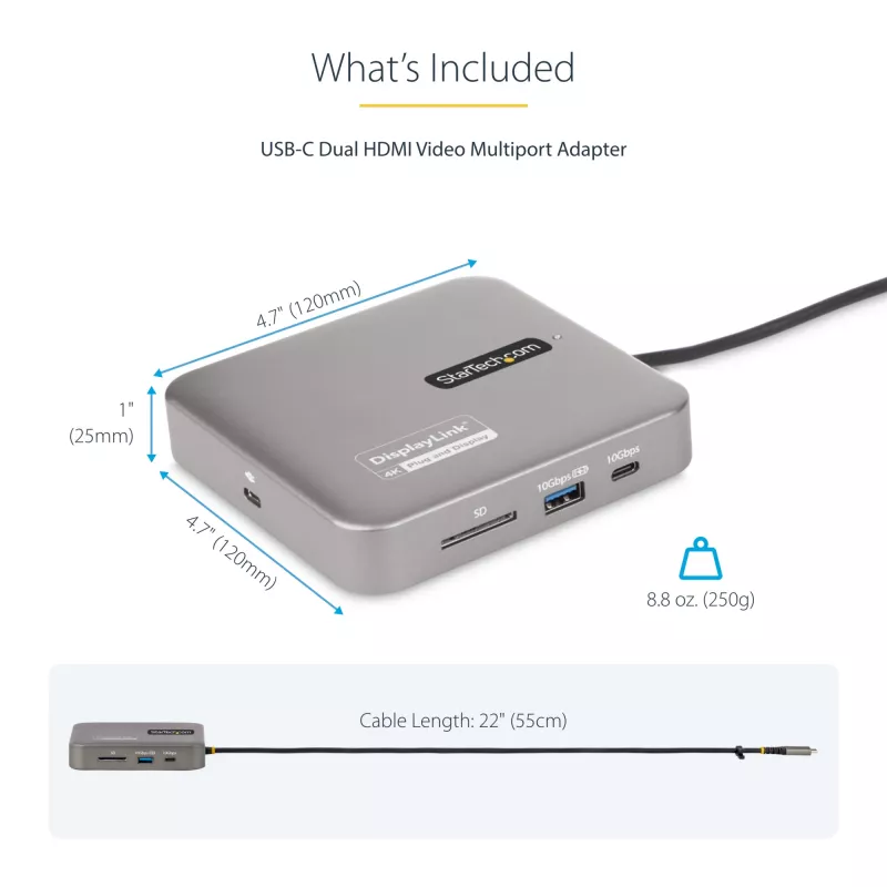 StarTech.com USB C Docking Station, Dual 4K 60Hz HDMI compatible with Macbook Pro (M1/M2/M3/M4) and Windows, USB-A/USB-C 10Gbps Hub, 100W Power Delivery, GbE, SD, 22in/56cm Cable