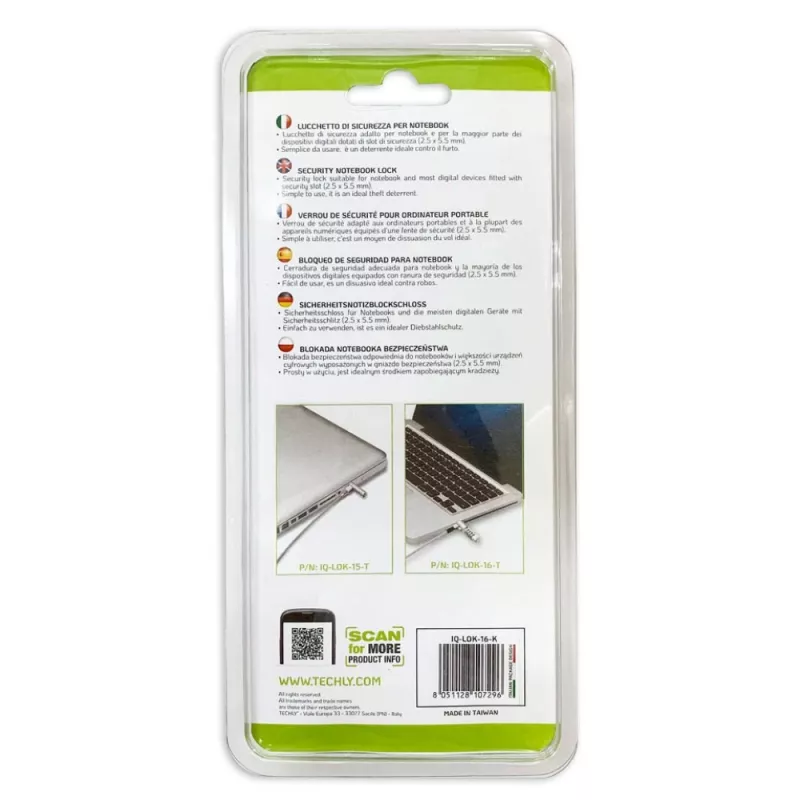 Techly Combination Notebook Security Padlock for Nano Slot, 1.8 m, Combination lock, Metal, Steel, Silver