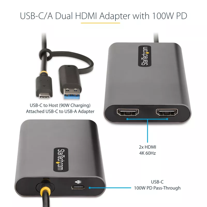 StarTech.com USB-C to Dual-HDMI Adapter - USB-C or A to 2x HDMI - 4K 60Hz - 100W Power Delivery Pass-Through - 1ft (30cm) Built-in Cable - USB to HDMI Multi-Monitor Converter for Laptop - TAA
