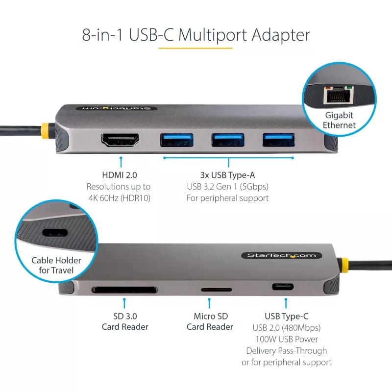 StarTech.com USB C Multiport Adapter 4K 60Hz HDMI Video, 3 Pt 5Gbps USB-A Hub, 100W USB Power Delivery Pass-Through/GbE/SD/MicroSD, 12 inch/30cm Cable, Travel Laptop Docking Station