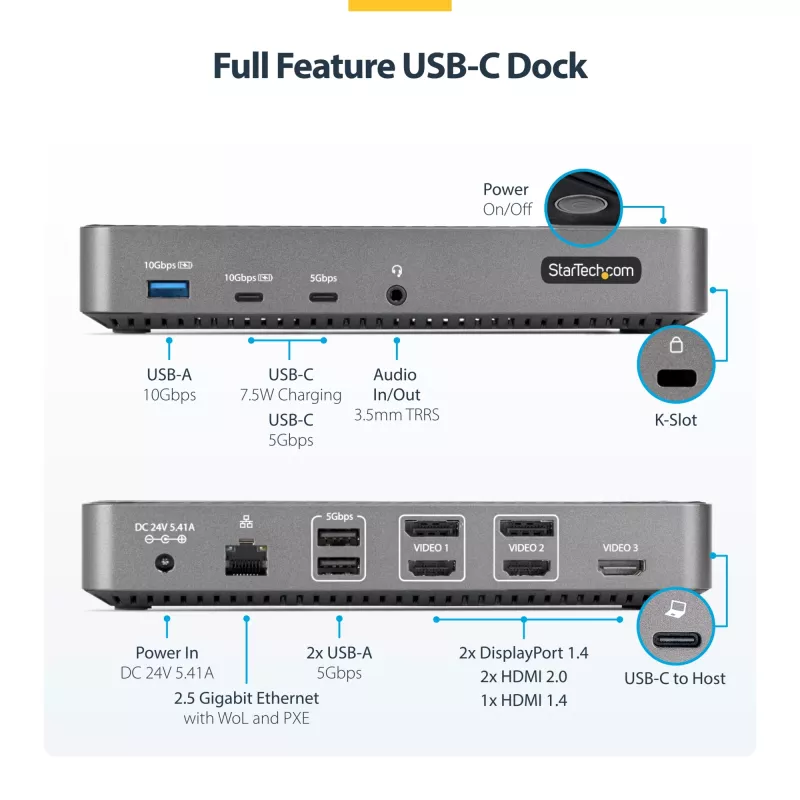 StarTech.com USB-C Triple Monitor Docking Station - HDMI/DP Triple 4k USB-C Dock - 5x USB Hub - GbE - 100W PD - Universal Multi Monitor Docking Station - Thunderbolt 3/4 Compatible