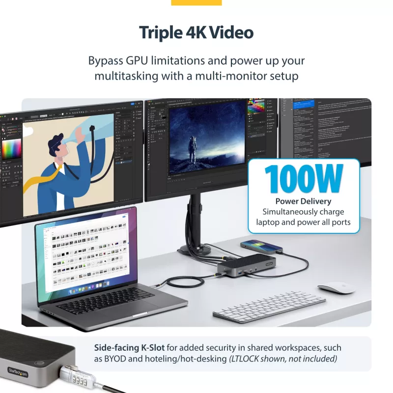 StarTech.com USB-C Triple Monitor Docking Station - HDMI/DP Triple 4k USB-C Dock - 5x USB Hub - GbE - 100W PD - Universal Multi Monitor Docking Station - Thunderbolt 3/4 Compatible