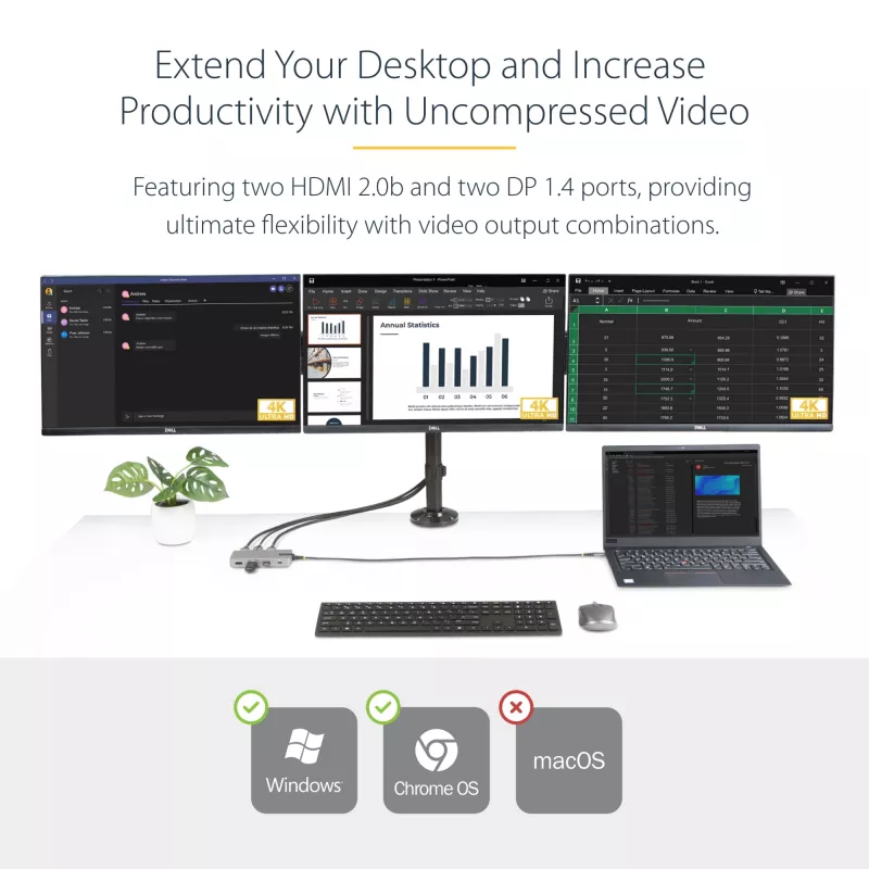 StarTech.com USB-C Triple Monitor Multiport Adapter, Dual 4K 60Hz + 4K 30Hz HDMI & DisplayPort, 3-Port USB 10Gbps Hub, 100W PD Pass-Through, GbE, Travel Dock, Windows & ChromeOS
