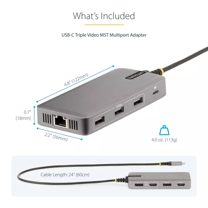 StarTech.com USB-C Triple Monitor Multiport Adapter, Dual 4K 60Hz + 4K 30Hz HDMI & DisplayPort, 3-Port USB 10Gbps Hub, 100W PD Pass-Through, GbE, Travel Dock, Windows & ChromeOS