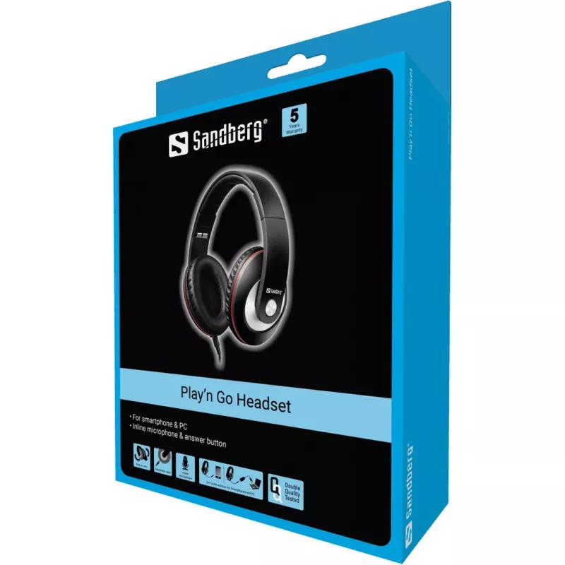 Sandberg Play'n Go Headset Black, Wired, Calls/Music, 20 - 20000 Hz, 430 g, Headset, Black