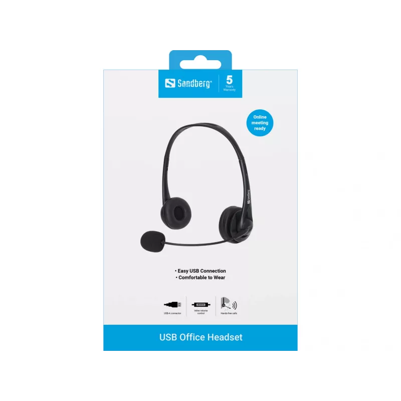 Sandberg USB Office Headset, Wired, Office/Call center, 20 - 20000 Hz, 94 g, Headset, Black