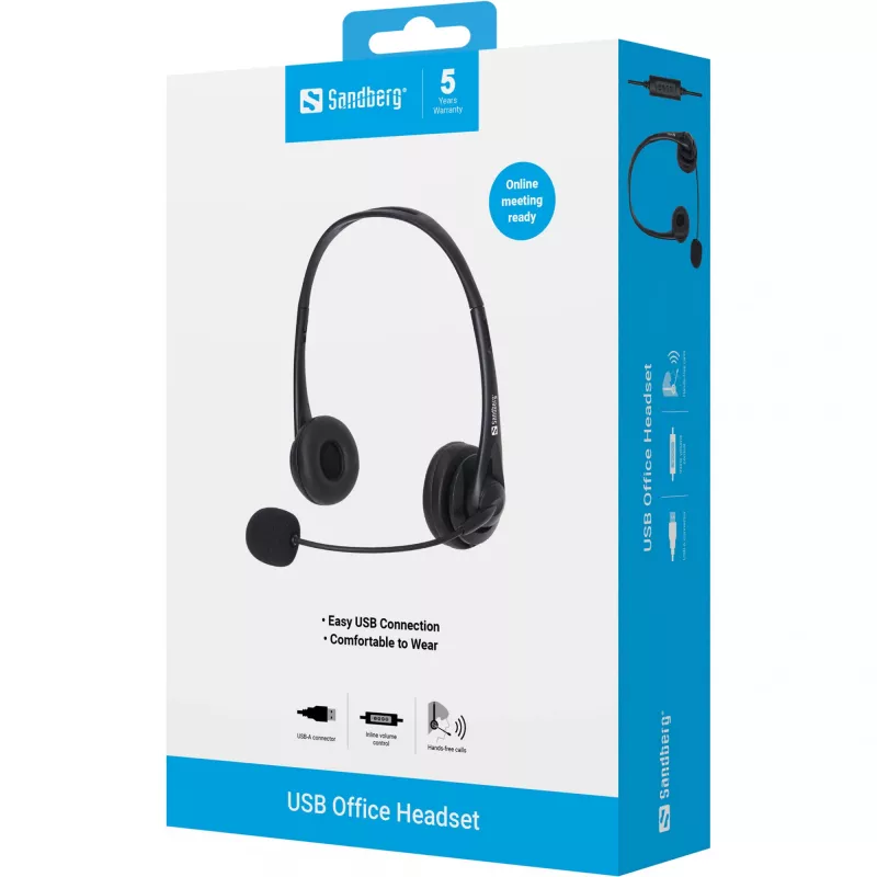 Sandberg USB Office Headset, Wired, Office/Call center, 20 - 20000 Hz, 94 g, Headset, Black