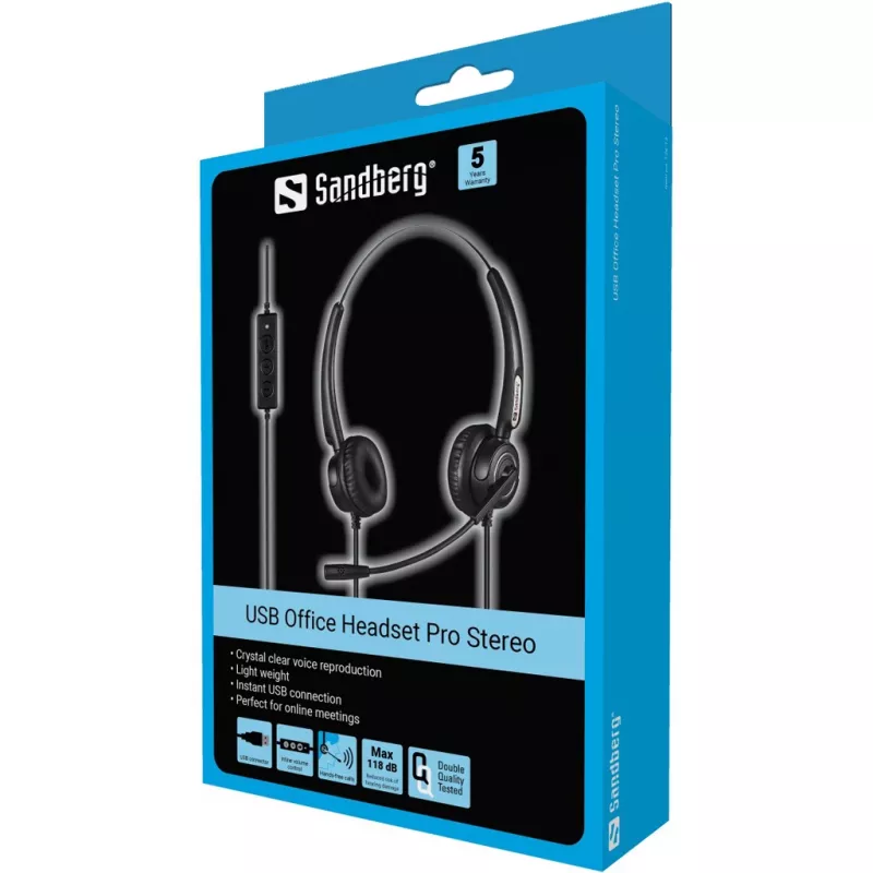 Sandberg USB Office Headset Pro Stereo, Wired, Office/Call center, 20 - 20000 Hz, 115 g, Headset, Black