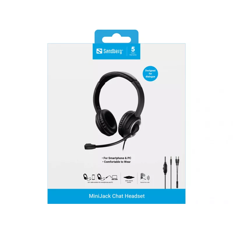 Sandberg MiniJack Chat Headset, Wired, Calls/Music, 20 - 20000 Hz, 180 g, Headset, Black