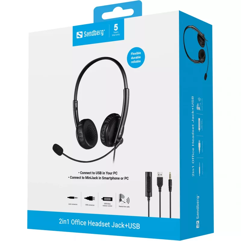 Sandberg 2in1 Office Headset Jack+USB, Wired, Office/Call center, 20 - 20000 Hz, 110 g, Headphones, Black