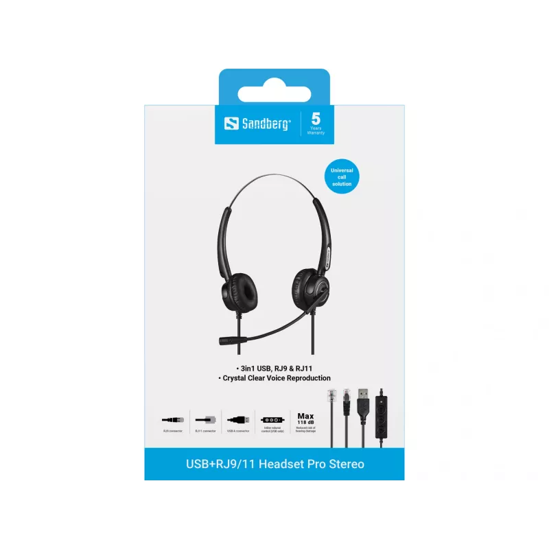 Sandberg USB+RJ9/11 Headset Pro Stereo, Wired, Office/Call center, 20 - 7000 Hz, Headset, Black