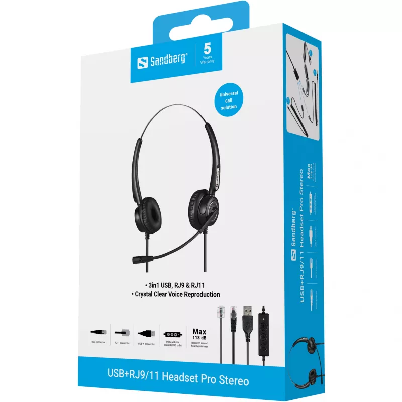 Sandberg USB+RJ9/11 Headset Pro Stereo, Wired, Office/Call center, 20 - 7000 Hz, Headset, Black