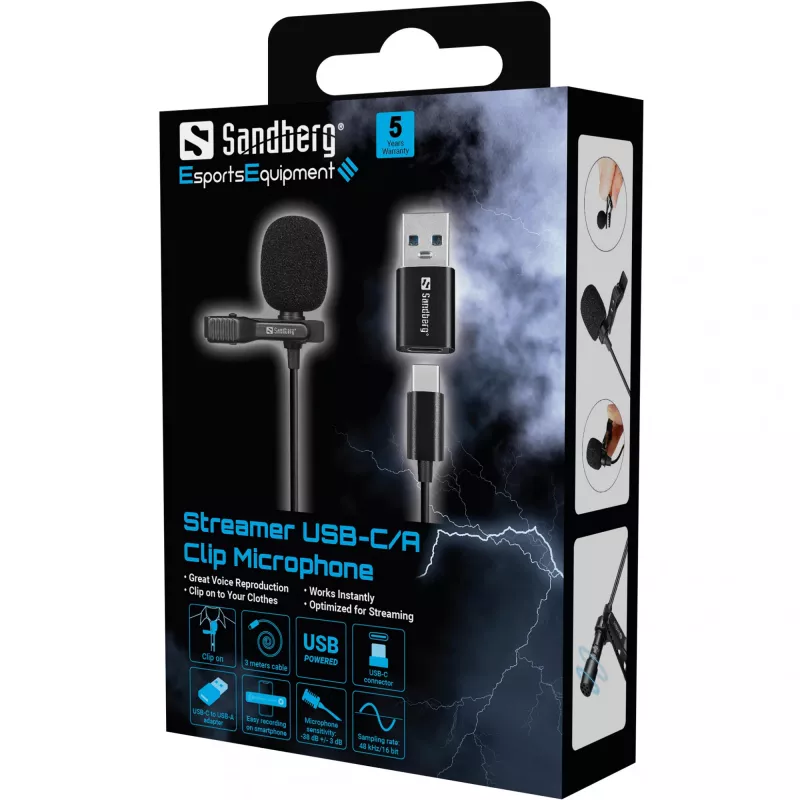 Sandberg Streamer USB Clip Microphone, Lavalier/Lapel microphone, -38 dB, 50 - 18000 Hz, 16 bit, 48 kHz, 84 dB