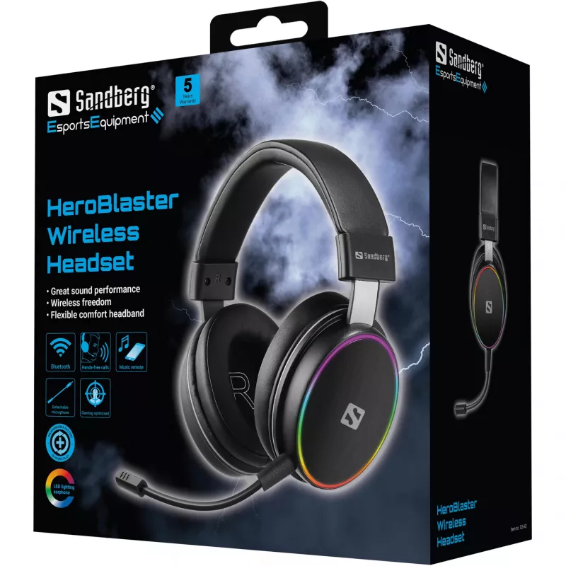 Sandberg HeroBlaster Wireless Headset, Wired & Wireless, 20 - 20000 Hz, Gaming, 300 g, Headset, Black