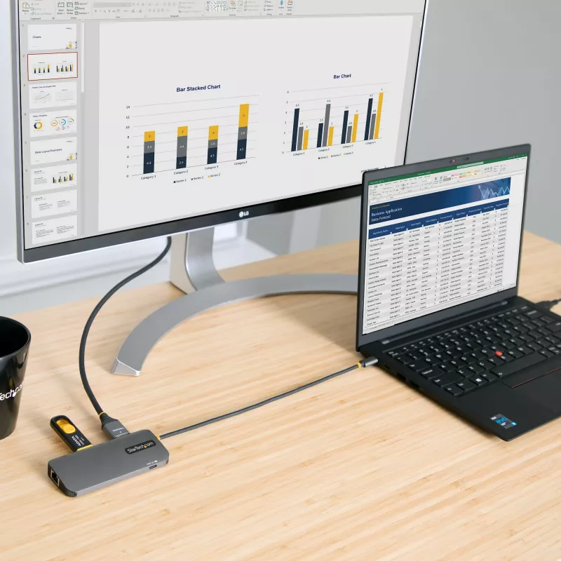 StarTech.com USB C Multiport Adapter, 4K 60Hz HDMI Video, 3 Port 5Gbps USB Hub, 100W Power Delivery Pass-Through, GbE, 12 inch/30cm Cable, Mini Travel Dock, Laptop Docking Station