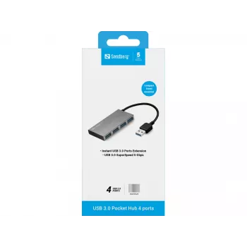 Sandberg USB 3.0 Pocket Hub 4 ports, USB 3.2 Gen 1 (3.1 Gen 1) Type-A, USB 3.2 Gen 1 (3.1 Gen 1) Type-A, 5000 Mbit/s, White, Aluminium, RoHS