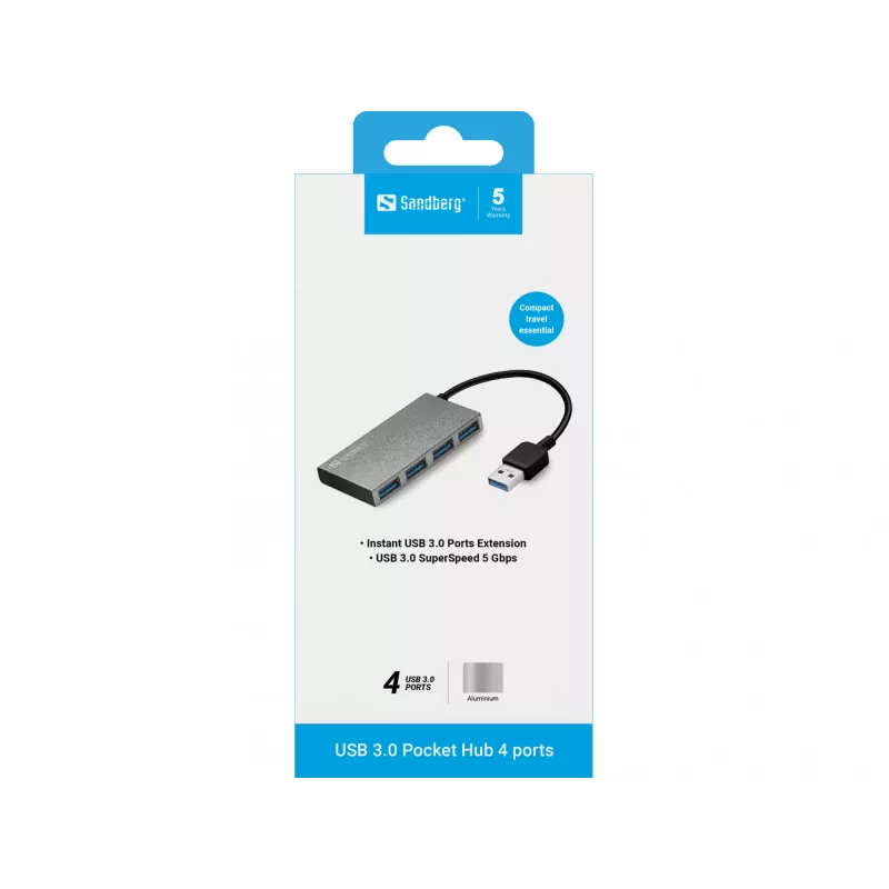 Sandberg USB 3.0 Pocket Hub 4 ports, USB 3.2 Gen 1 (3.1 Gen 1) Type-A, USB 3.2 Gen 1 (3.1 Gen 1) Type-A, 5000 Mbit/s, White, Aluminium, RoHS