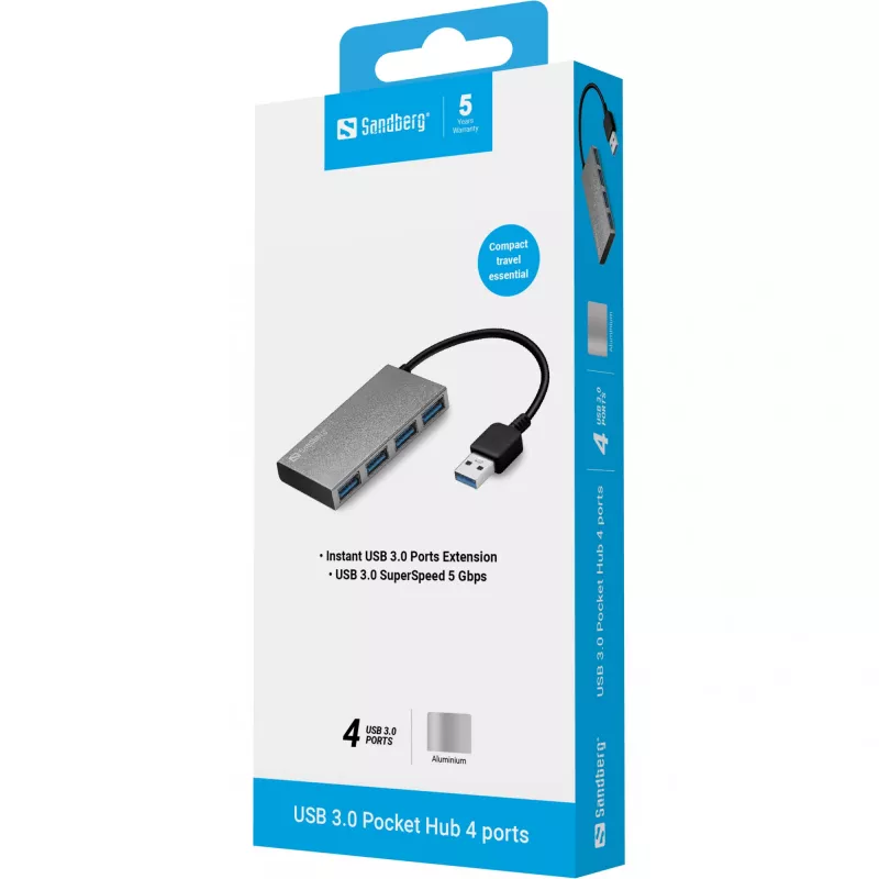 Sandberg USB 3.0 Pocket Hub 4 ports, USB 3.2 Gen 1 (3.1 Gen 1) Type-A, USB 3.2 Gen 1 (3.1 Gen 1) Type-A, 5000 Mbit/s, White, Aluminium, RoHS