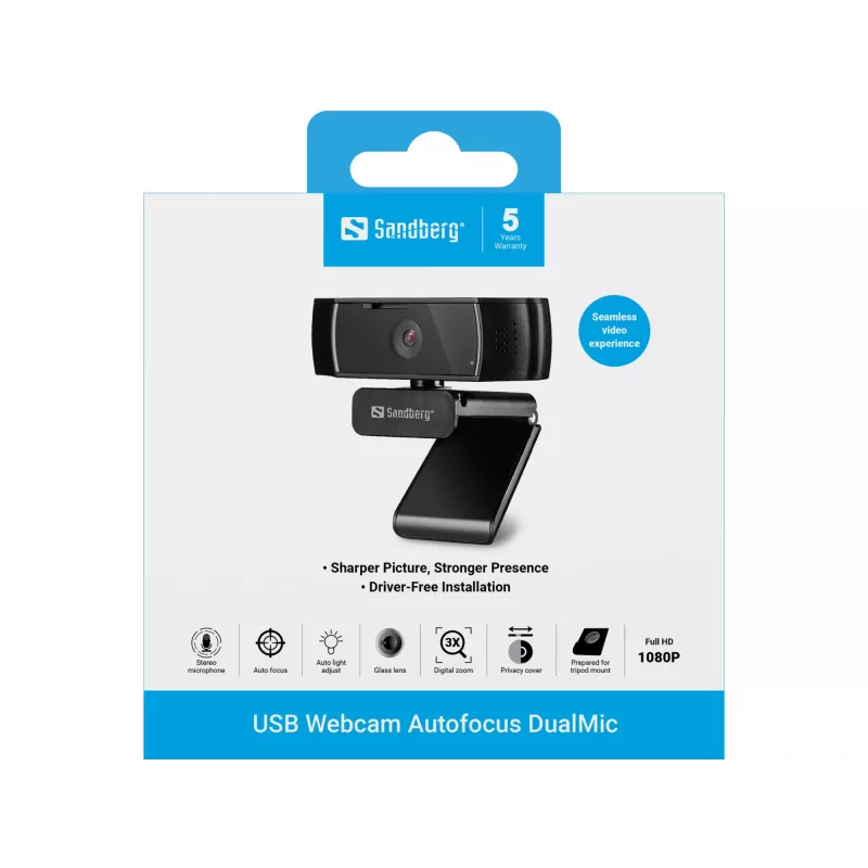 Sandberg USB Webcam Autofocus DualMic, 2.07 MP, 1920 x 1080 pixels, Full HD, 30 fps, 70°, 70°