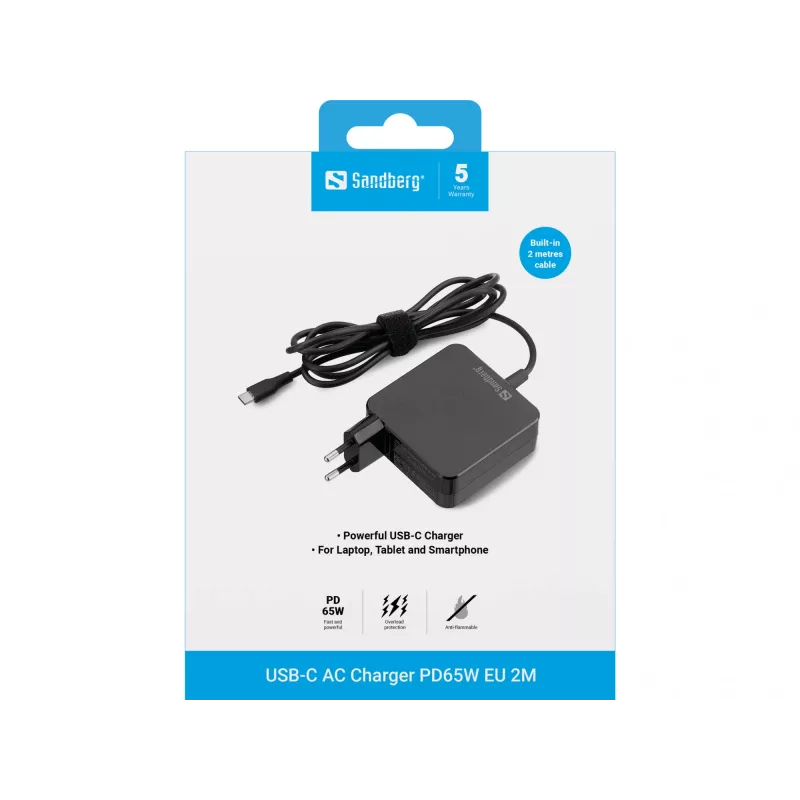 Sandberg USB-C AC Charger PD65W EU 2M, Indoor, AC, 20 V, 1 m, Black