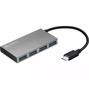 Sandberg USB-C to 4 xUSB 3.0 Pocket Hub, USB 3.2 Gen 1 (3.1 Gen 1) Type-C, USB 3.2 Gen 1 (3.1 Gen 1) Type-A, White, Aluminium, RoHS, Windows 10, Windows 7, Windows 8