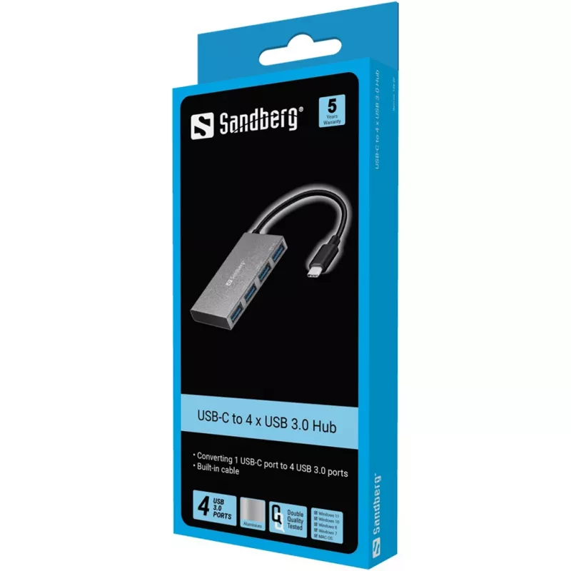 Sandberg USB-C to 4 xUSB 3.0 Pocket Hub, USB 3.2 Gen 1 (3.1 Gen 1) Type-C, USB 3.2 Gen 1 (3.1 Gen 1) Type-A, White, Aluminium, RoHS, Windows 10, Windows 7, Windows 8
