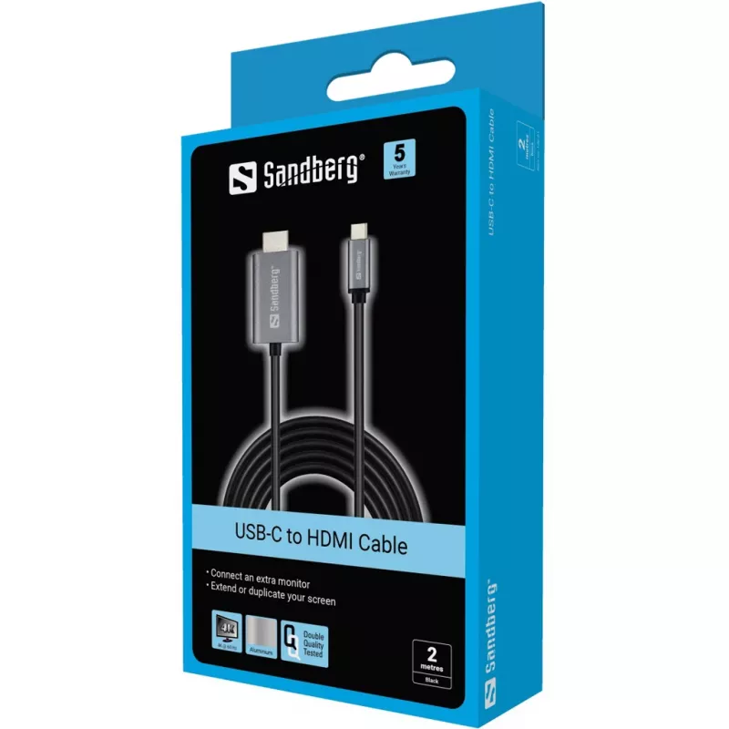 Sandberg USB-C to HDMI Cable 2M, 2 m, USB Type-C, HDMI, Male, Male, Straight