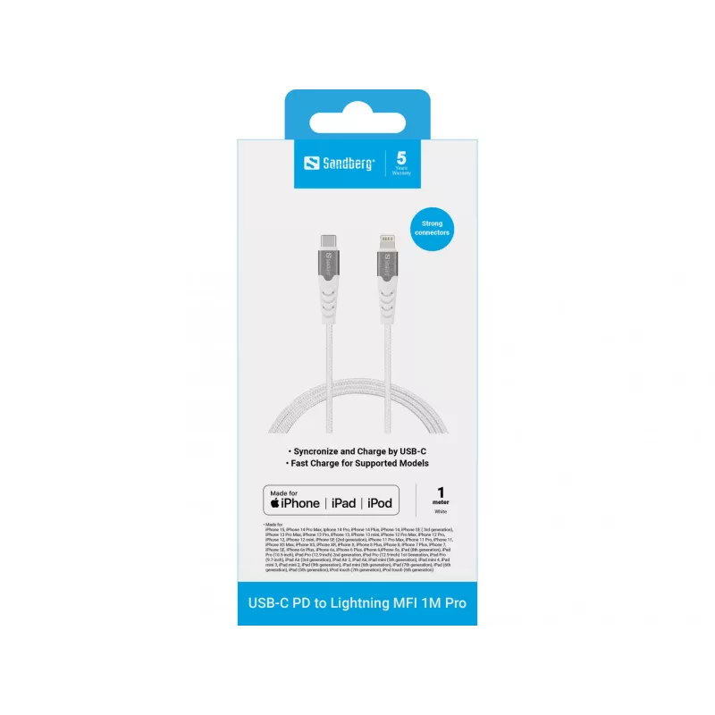Sandberg USB-C PD to Lightning MFI 1M PRO, 1 m, Lightning, USB C, Male, Male, White