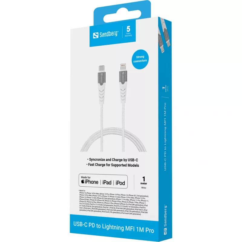 Sandberg USB-C PD to Lightning MFI 1M PRO, 1 m, Lightning, USB C, Male, Male, White