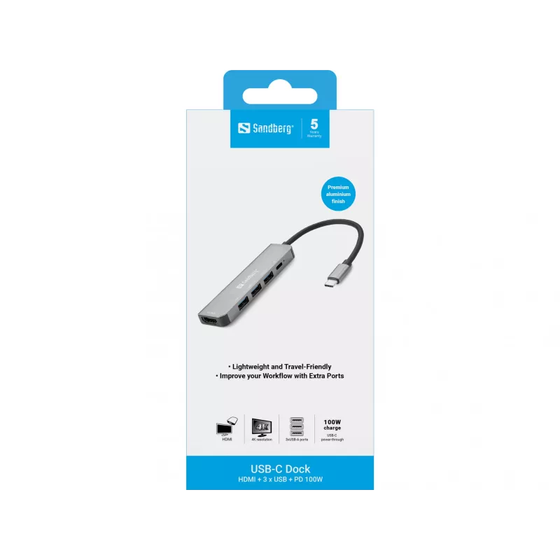 Sandberg USB-C Dock HDMI+3xUSB+PD 100W, Wired, USB 3.2 Gen 1 (3.1 Gen 1) Type-C, 100 W, Grey, 4K Ultra HD, Aluminium